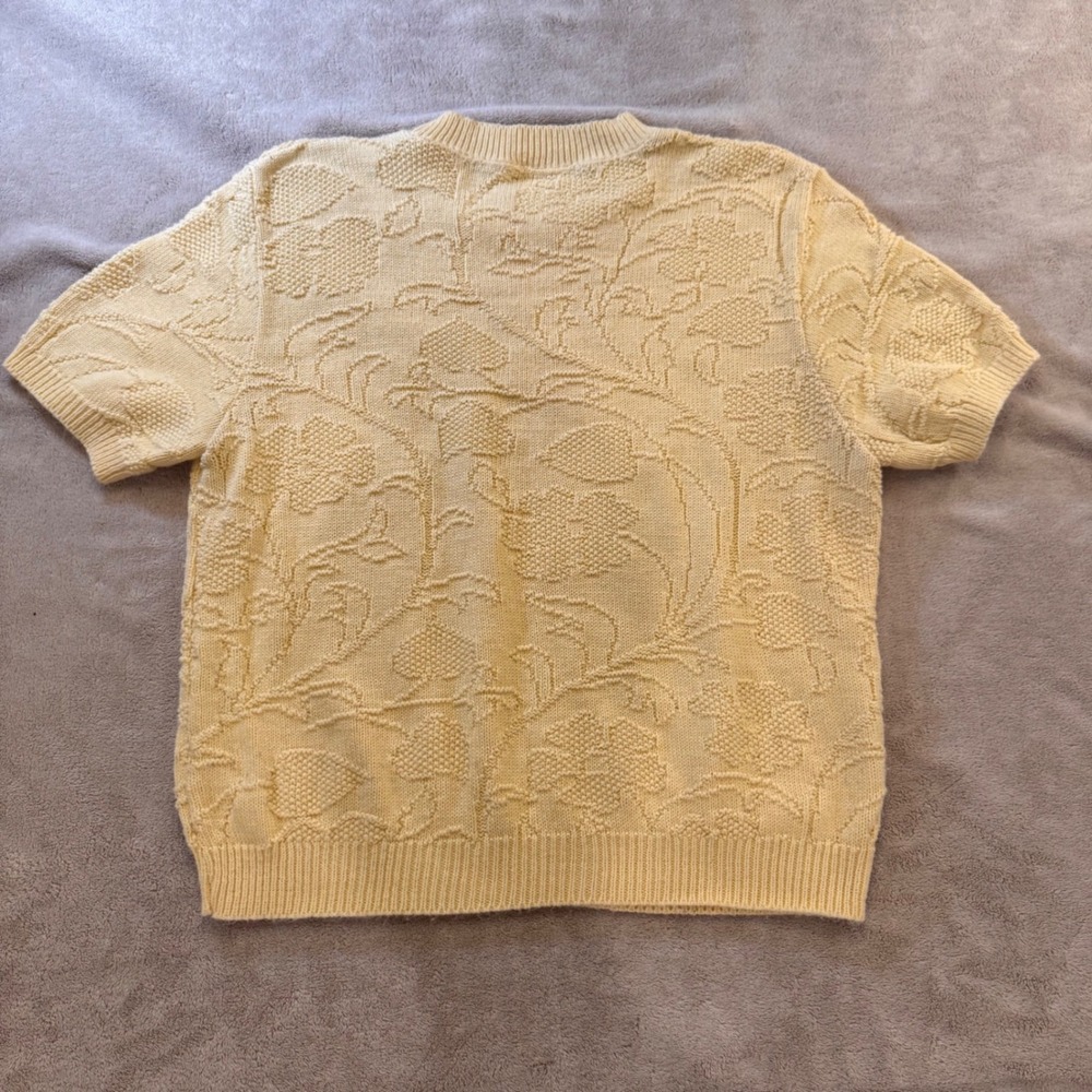 Vintage Floral Textured Short Sleeve Sweater Cottagecore USA Butter Yellow Sz L - Picture 9 of 10